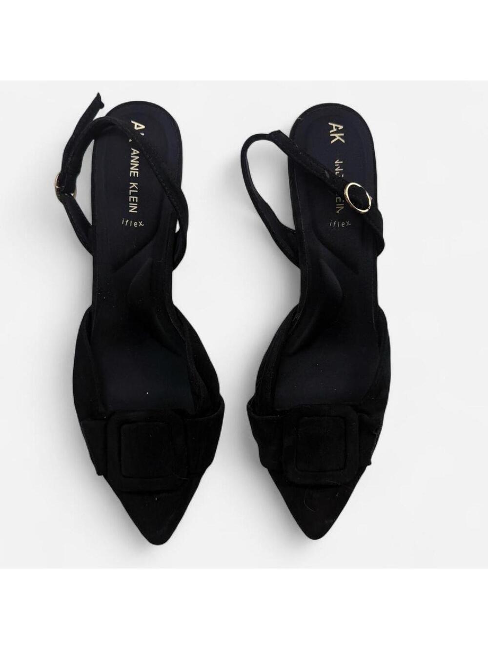 Anne Klein Black Suede Pointed Toe Buckle Slingback Heels